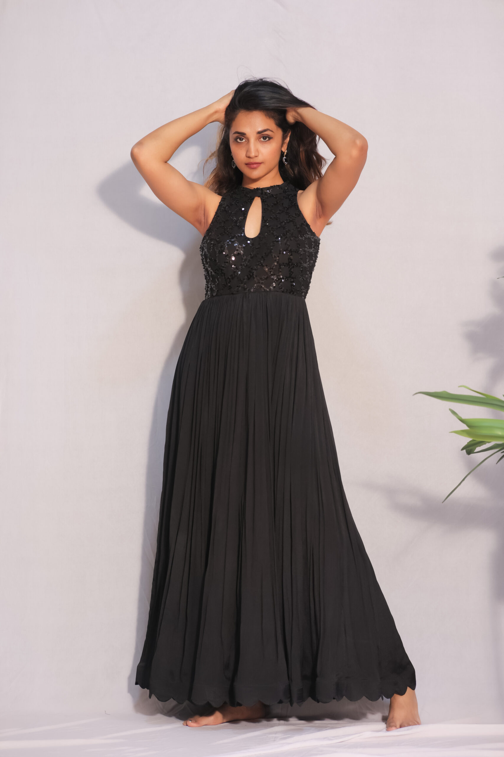 Black Sequin Embroidered Chiffon Dress | Sujatha Reddy